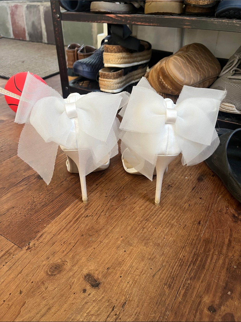 Lulu's Ivory Satin Ankle-Strap Heels with Tulle Bows
